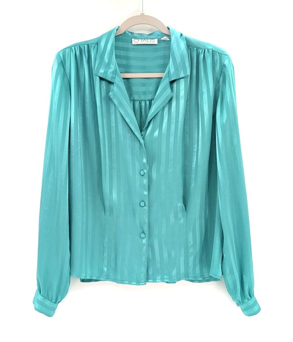 CHAUS Vintage Green Satin Striped Long Sleeve Button Front Blouse Size 2X
